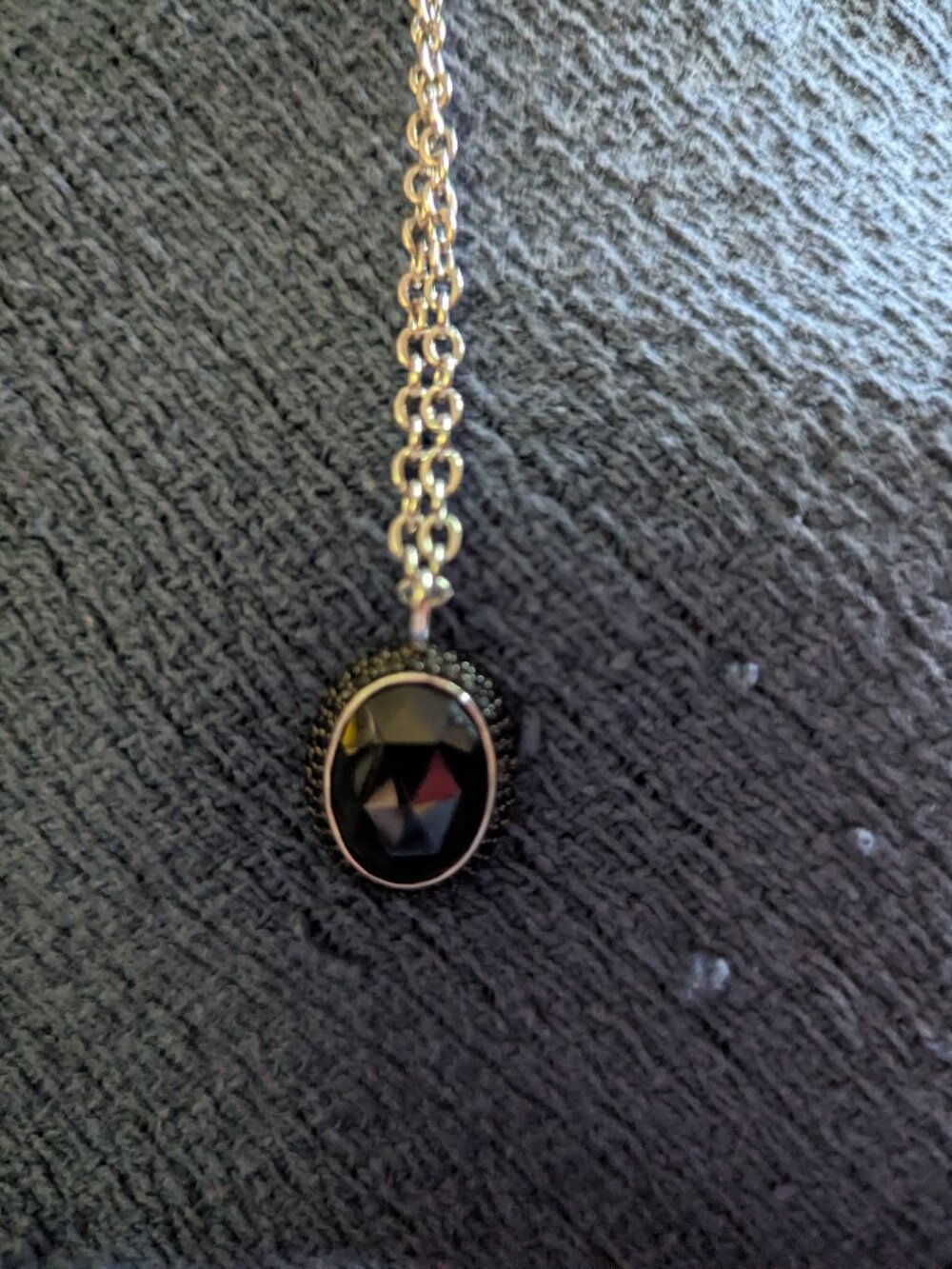 Silver Chain Necklace with Black Gemstone Pendant
